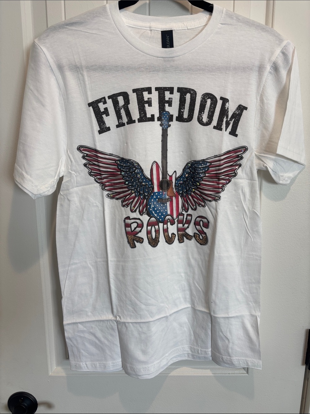 JCoons White Short-Sleeve 'Freedom Rocks' Graphic Tee with Red & Blue Accents